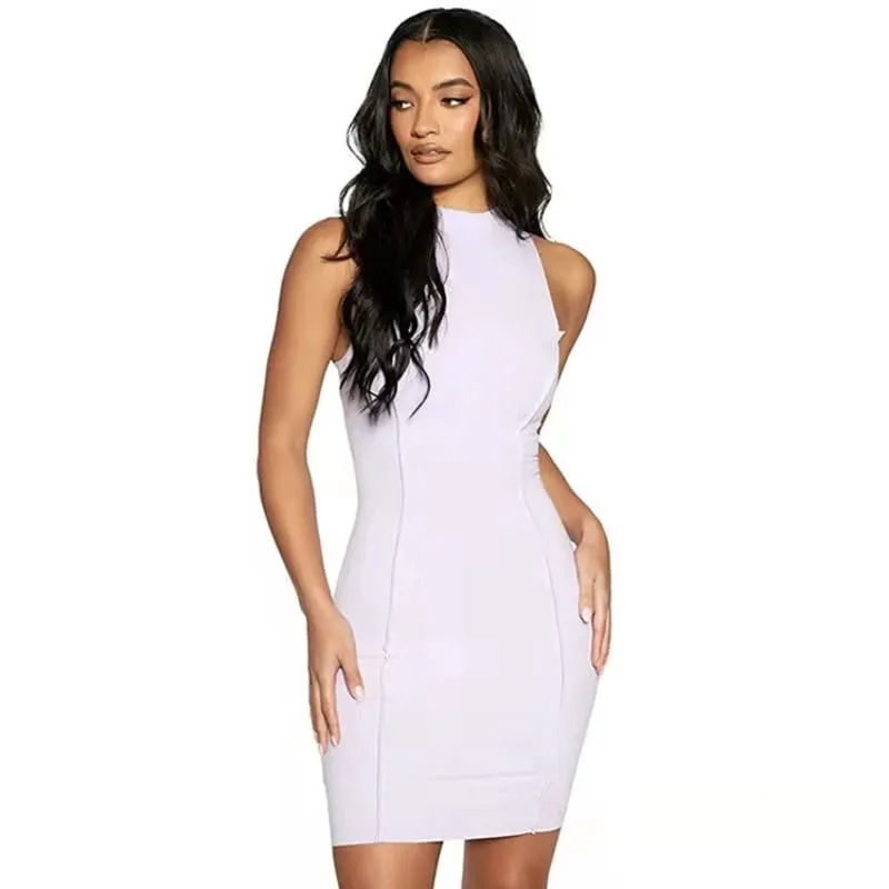 Kobiety lato seksowna wąska wiązana sukienka biodrowa solidny patchworkowy dekolt w kształcie litery "o" bez rękawów Mini sukienki INS moda główna ulica płaszcza Vestidos — image 5