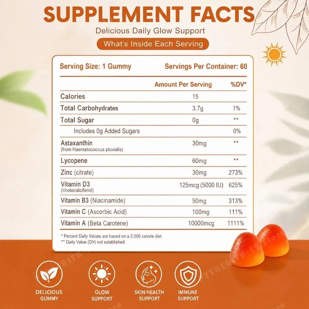 Tanning Gummies til kvinder Solfri Bronzing Glow Support Vegansk Sukkerfri Ikke-GMO Astaxanthin & Lycopen 60 Antal — image 6