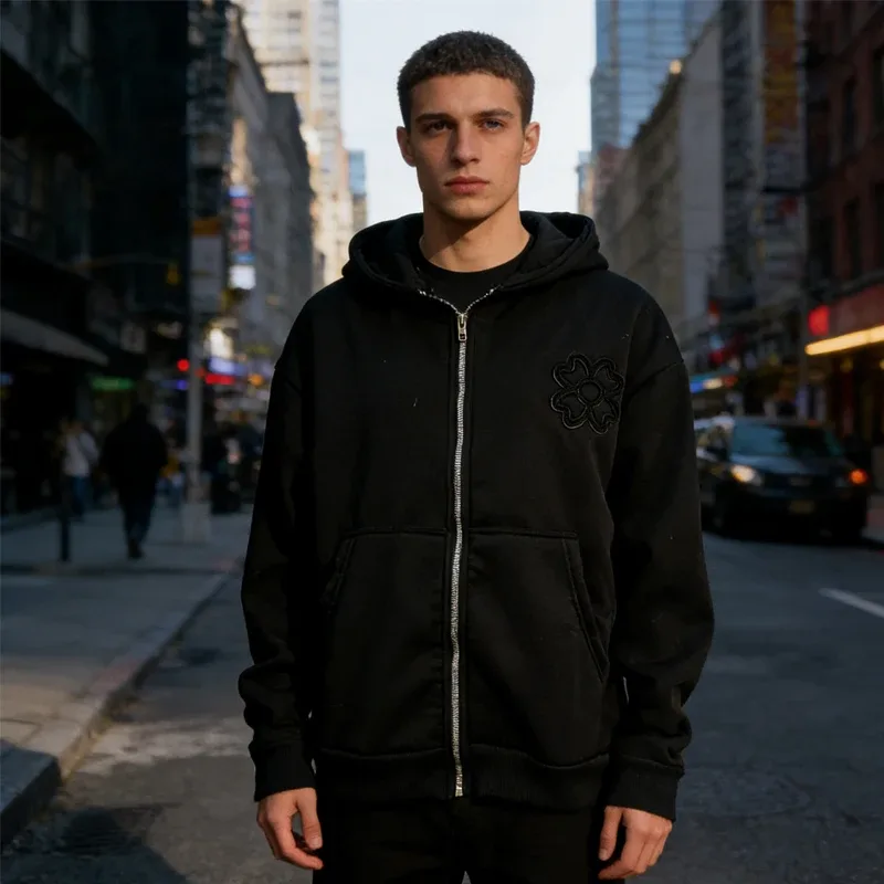 Olive Green Embroidered Zip Hoodie & Pants Set Men Streetwear Trendy Loose Casual 2-Piece Tracksuit New 2025 Fashion — image 8