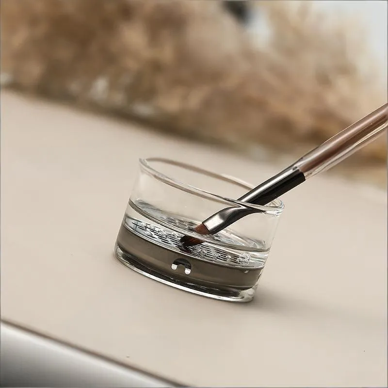 1PC Transparent Glass Nail Brush Cleaner Cup Round With Wood Lid Brushes Washing Cup Stainless Steel Mesh Nail Brush Cleaner.