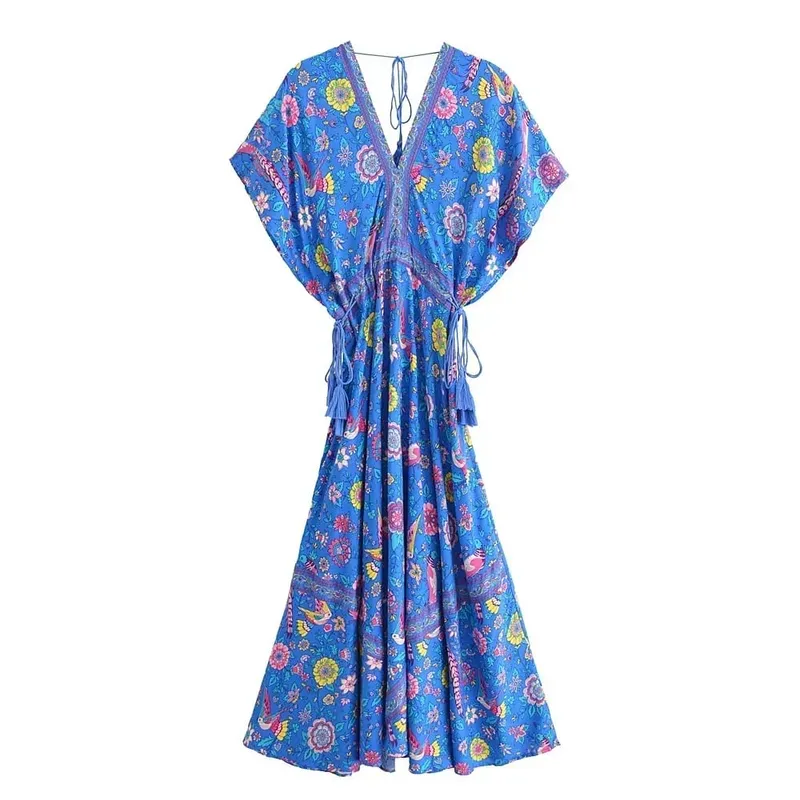 Đời Boho Hoàng Hậu Nữ Con Công In Hoa Tay Cánh Dơi Đi Biển Bohemia Đầm Maxi Nữ Cổ V Tua Rua Mùa Hè vestidos — image 8