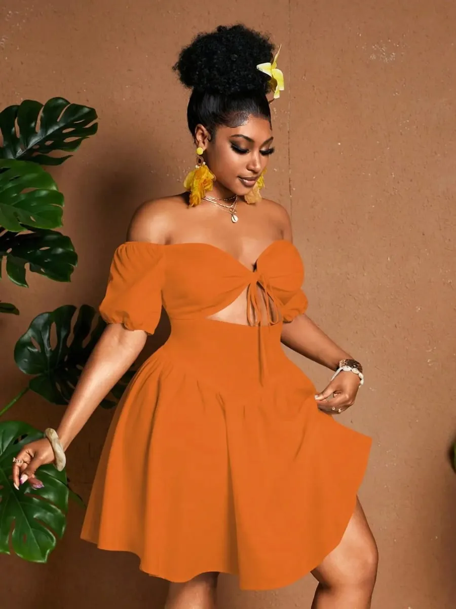 Plus Size Women One-Shoulder Waist-Tie Bubble Sleeve Dress Summer Vacation Style Casual Short Dress Plain Pattern