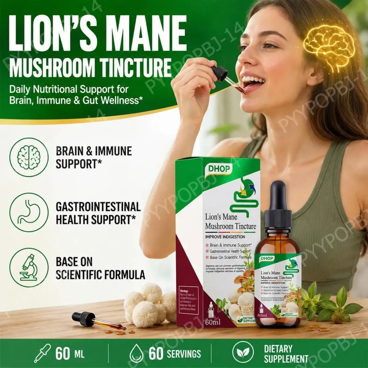 Lion's Mane Mushroom Tincture Liquid Brain & Immune Support and Gastrointestinal Health Support Lion's Mane 600 Mg 60 ML — image 2