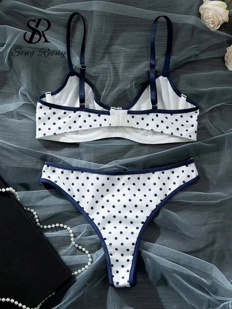 French Polka Dot Print Lingerie Sets Ladies Strap Underwire Bra+Sweet Briefs Hotsweet Vintage Underwear 2Pcs Suits — image 2