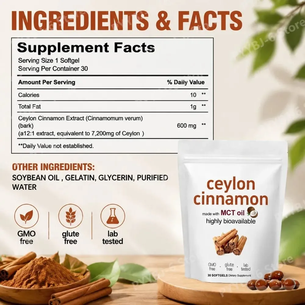Ceylon Cinnamon Softgels 30 Count Natural Cinnamon Extract Supplement for Daily Wellness Digestion & Vitality Support