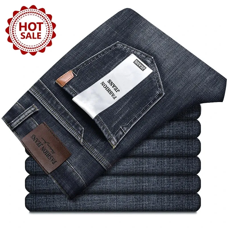 Autumn Winter Men's Jeans Classic Retro Grey Denim Pants Man Work Slim Straight Stretch Cotton Trousers Streetwear Plus Size 40 — image 12