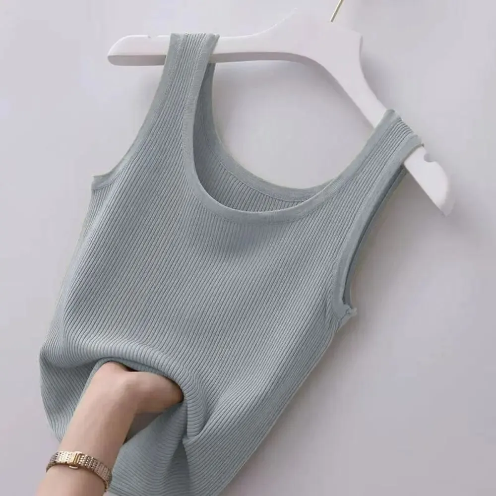 2024 Polyester Sexy Sleeveless Camisole Basic Top Solid Color Summer Camisole Streetwear Tees T-Shirt Spring Knitted Tank Women