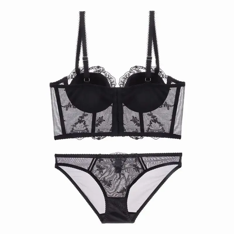French Fishbone Corset Top Women Lace Lingerie Set Outer Wear Bra Thin Push‑Up Less Bust Side Support Underwear 32‑38