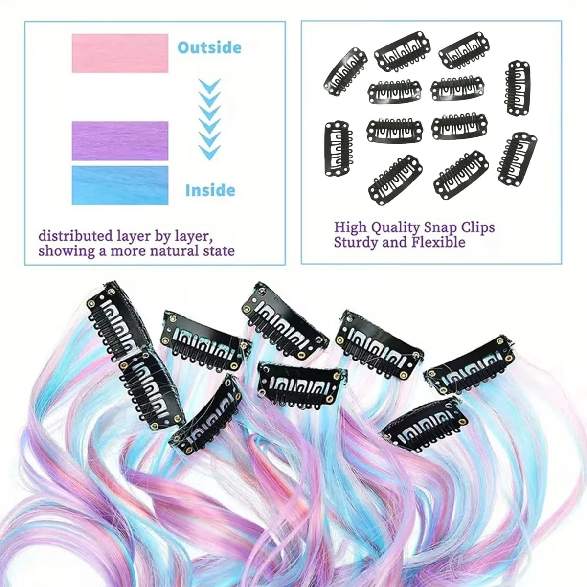 Synthetic 5Pcs Clip In Hair Extensions Colorful Ombre Curly Wig Rainbow Highlight Hair Clip On Hairpieces For Women Girls