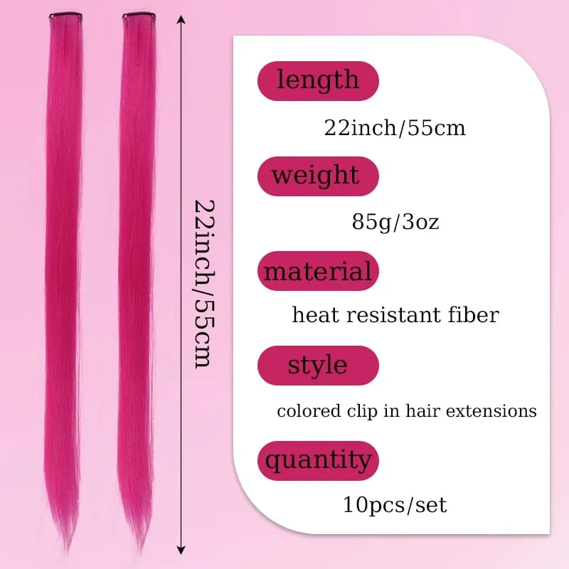 10Pcs Synthetic Colored Clip in Hair Extensions Hairpiece Party Highlights Straight Hair wig for Girls Kids Christmas Party Use — image 3