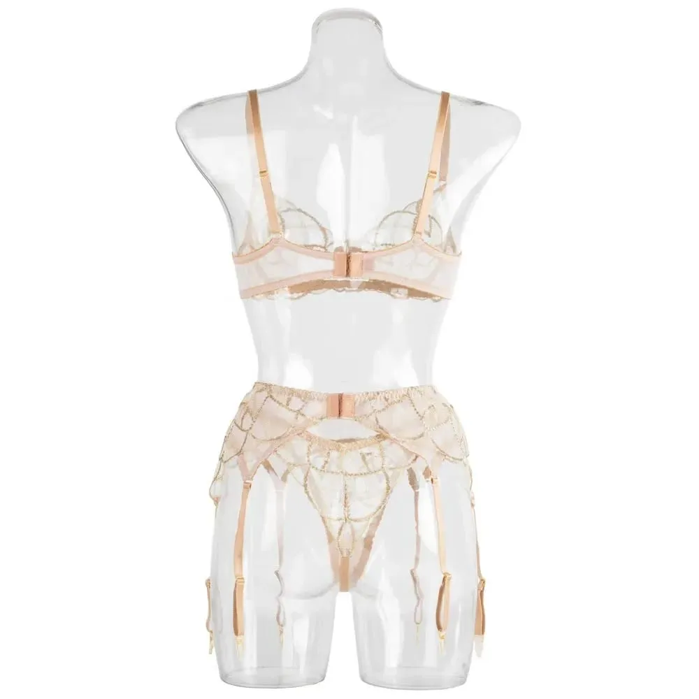 Champagne gold lingerie set fashionable French style bra and garter stockings — image 6