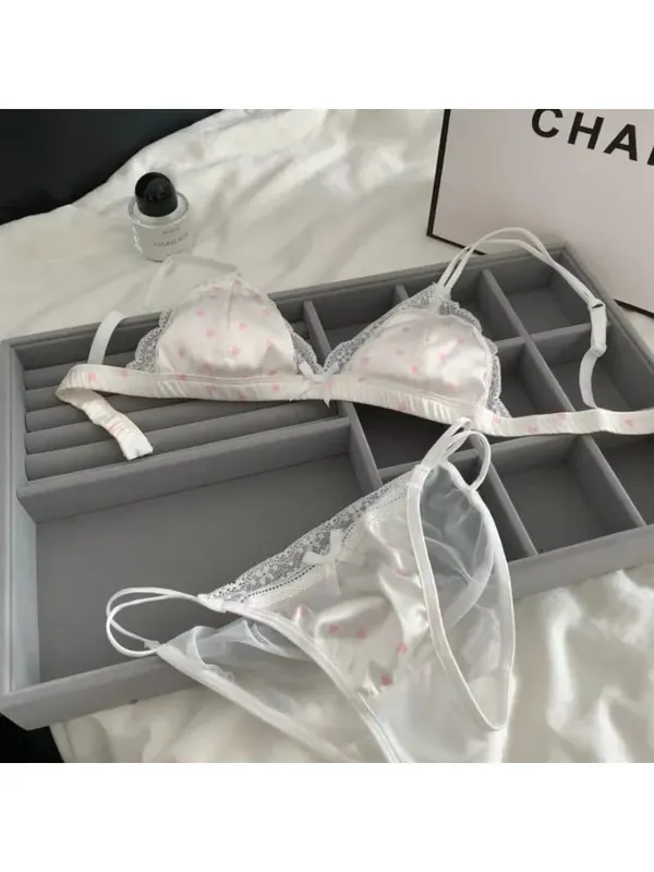 セクシーな New French Style Satin Lace Bra Panty Set Wireless Thin Triangle Cup Sweet Lingerie For Small Bust Young Ladies Size 32‑38 — image 8
