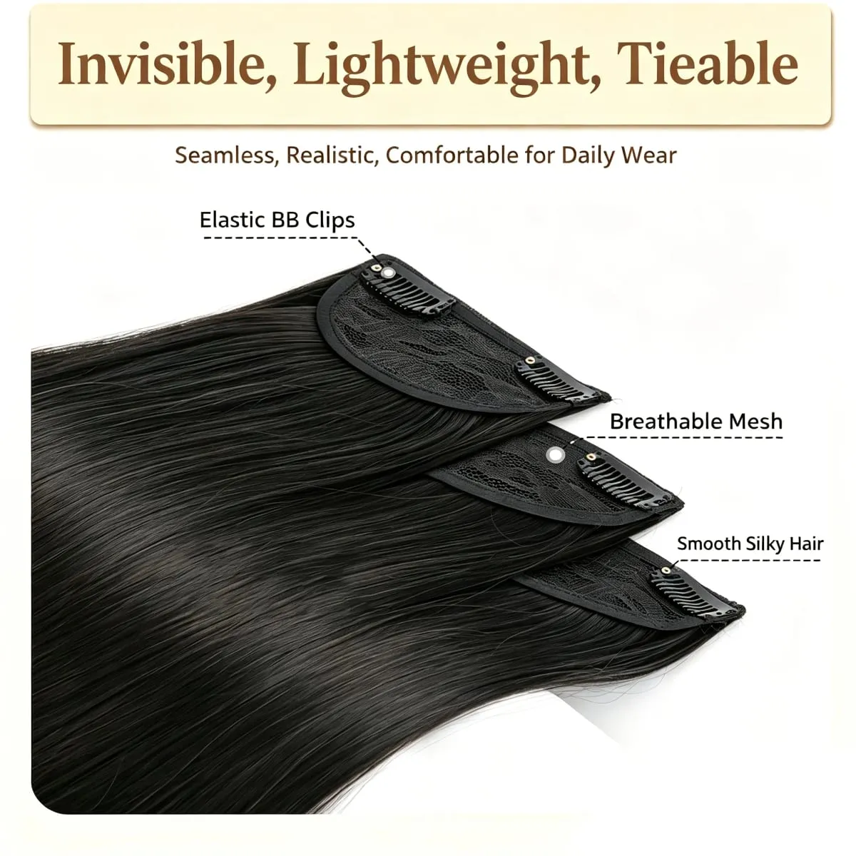 3 Pcs Invisible Seamless Clip in Hair Extensions Straight Synthetic Fiber Breathable Mesh Elastic BB Clips Lightweight Silky Hai — image 6