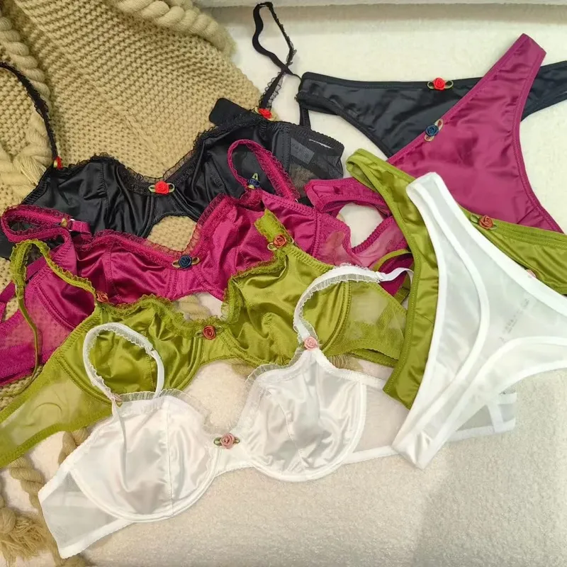4 Color Fashion Women Lingerie Set Sexy Lace Ultra Thin Comfort Bra French Silk Satin Underwear Bralette Ladies Bras and Thongs — image 2