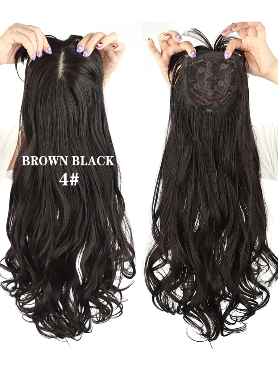 Synthetic 3 Clips In Topper Long Wavy Hairpiece Black Brown Women Fake Hair Clip In Hair Extensions With Bangs Fake Hairpiere — image 8