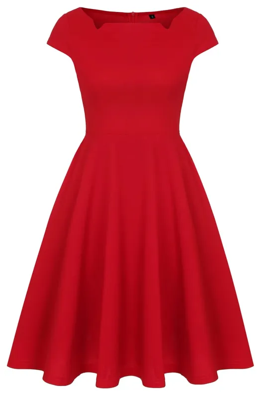 Womens Summer Vintage 1950s Vintage Red Crew Neck Rockabilly Fit And Flare Skater Swing A-Line Dress Not Include Belted