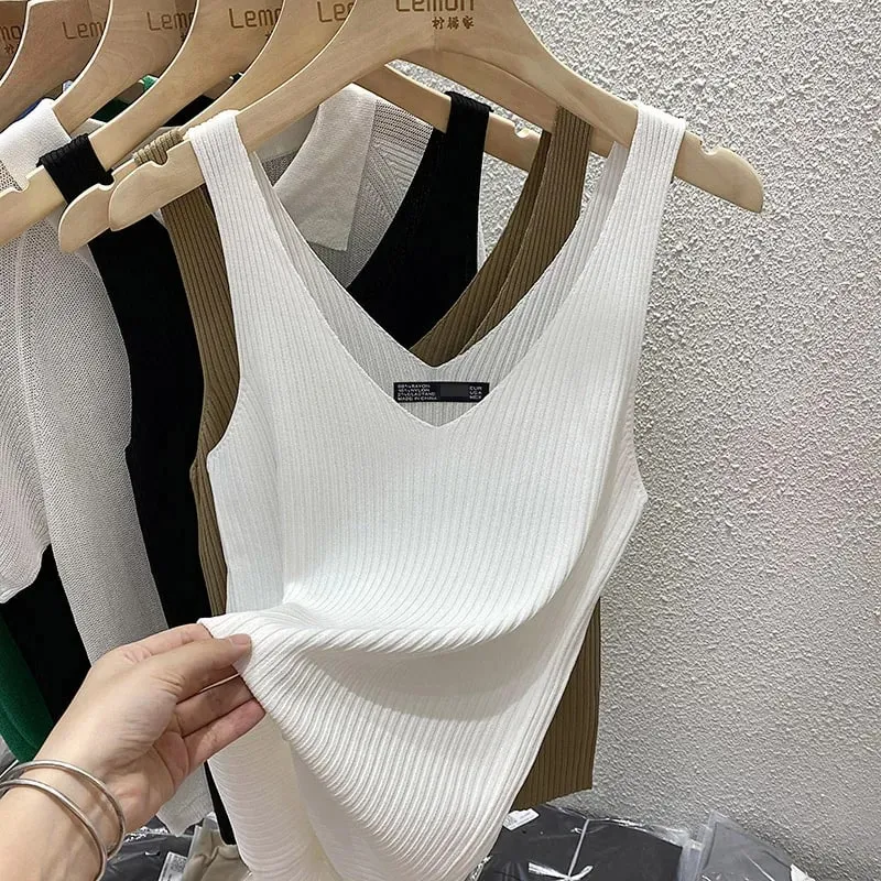 Zjaiss 2026 Summer Fashion Women Camisole Ice Silk Knit Tank Top Slim Fit Sleeveless Base Top Solid Color V-Neck Crop Top — image 8