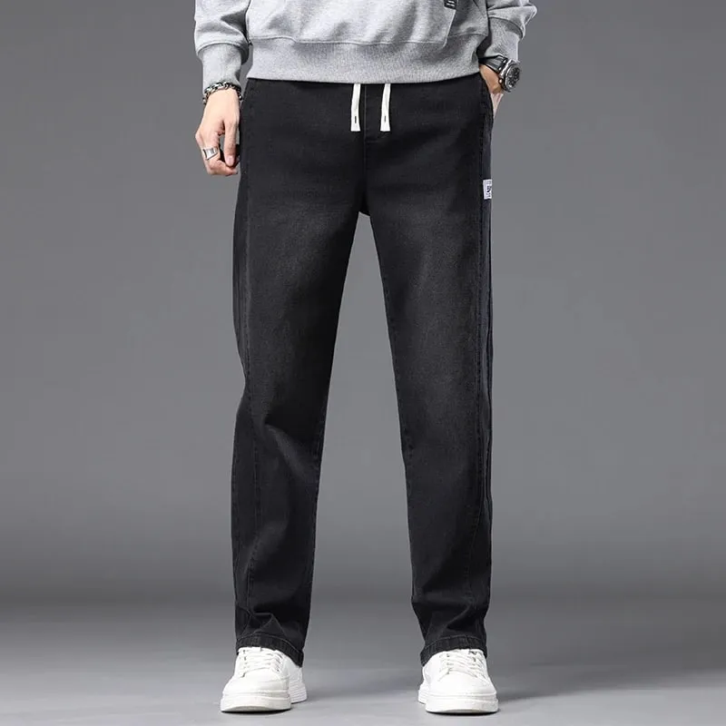 Autumn Winter Blue Jeans Men Drawstring Elastic Waist Cotton Cargo Denim Pants Work Fashion Thick Trousers Male Plus Size M-4XL