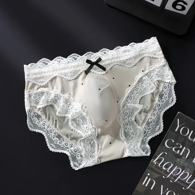 Men's Sexy Briefs Lace Edge Polka Dot Underwear Ice Silk Sissy Panties U Convex Pouch Underpants Seamless See Through Lingerie