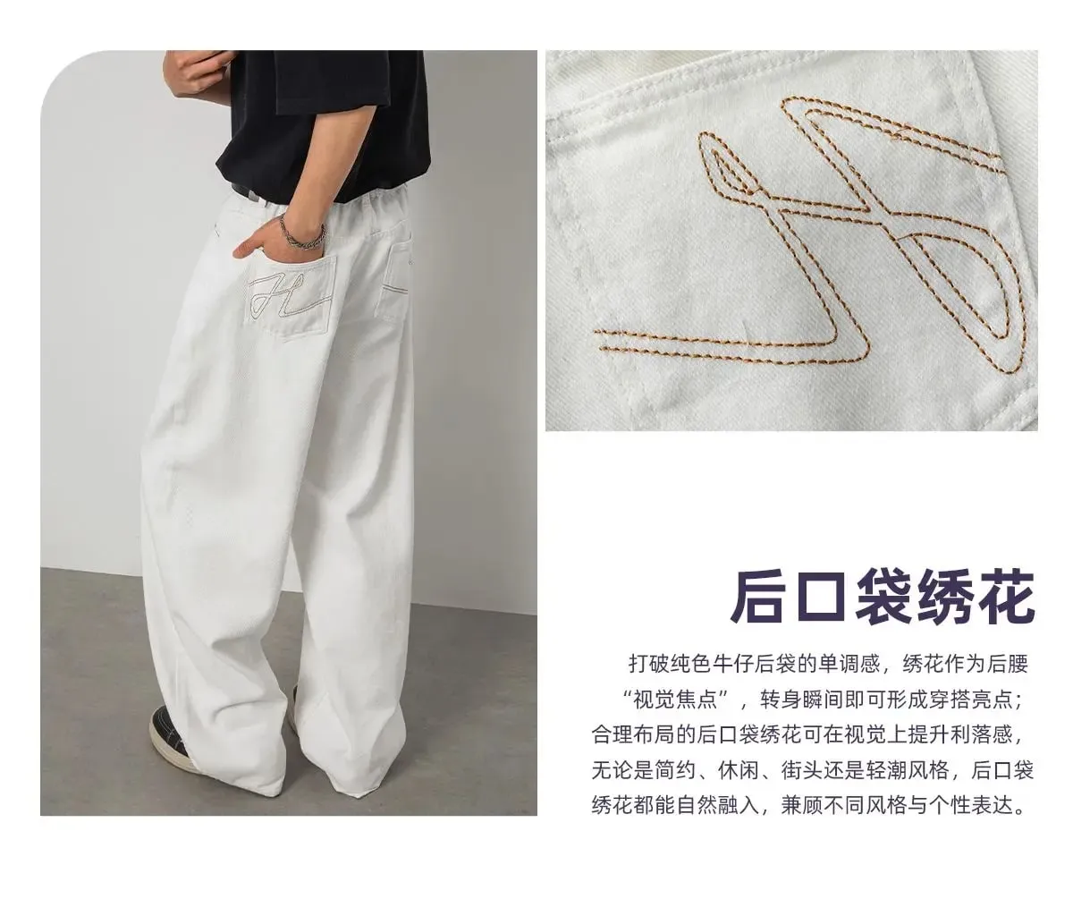 100% Cotton White Jeans Classic Embroidered Straight Loose Korean Retro High Street Y2K Casual Wide Leg Pants for Men and Women