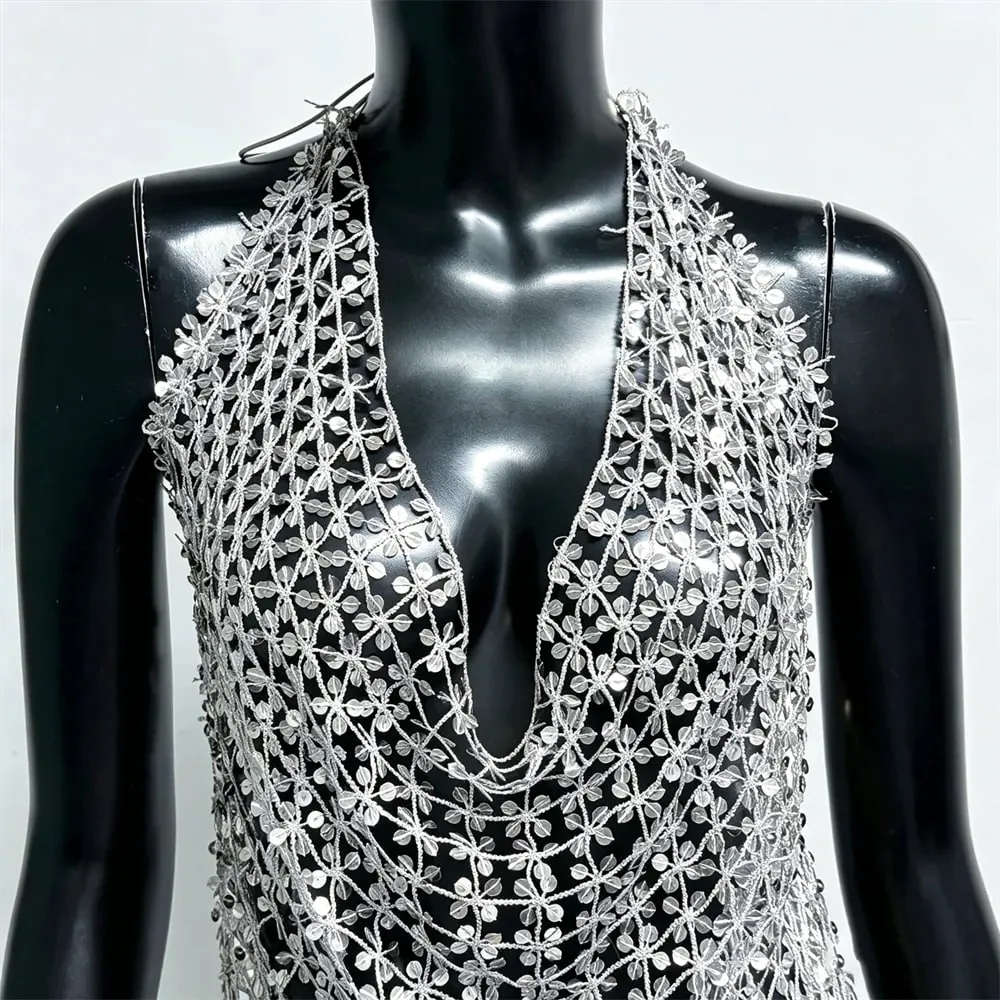 Débardeur ajouré à paillettes acryliques brillantes pour femmes, Sexy, décolleté en V profond, dos nu, col licou, transparent, Camisole, hauts de fête de plage — image 6