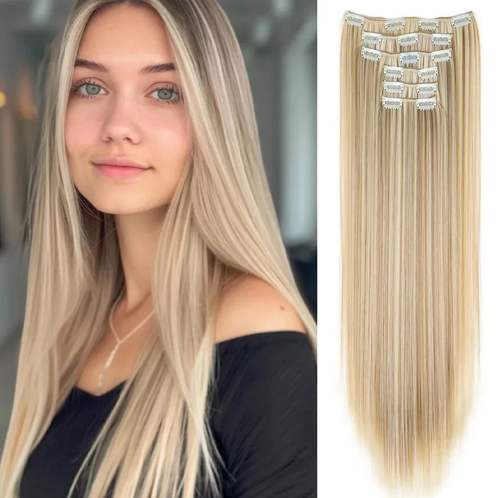 Black Hair Extensions 24"/60cm 6pcs/set Women Long Straight Synthetic Full Head Clip 16 Clips Ombre Heat Resistant Fiber Hair — image 17