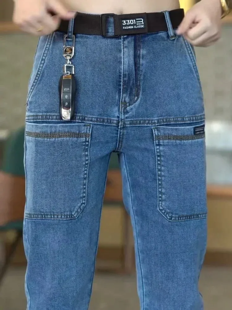 Spring Summer Thin Six Pocket Men's Jeans Elastic Straight Leg Casual Slim Fit Jeans Versatile Multi-Pocket Long Y2K Denim Pants — image 8