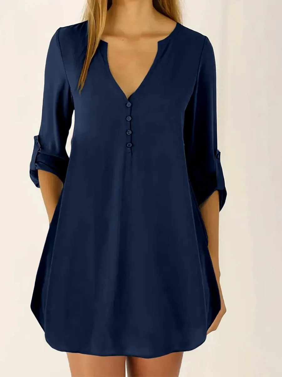 Women Casual V Neck Loose Mini Dress Elegant Button Down 3/4 Roll-Up Sleeve Khaki Solid Color Plain Shirt Dresses
