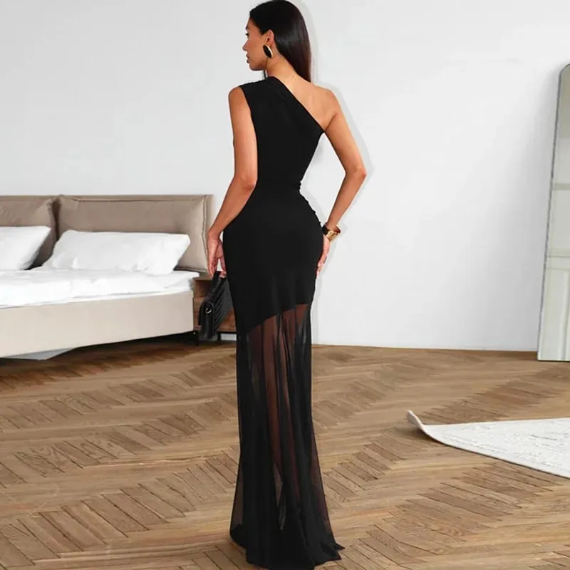 Ticketsx Off-shoulder doorzichtige jurk Effen hoge taille Patchwork Backless Slanke lange jurk Dames Vakantie Feestavondjurken — image 3