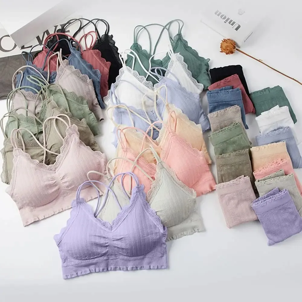1Set Casual Lace Women Seamless Bra Set V-Neck Breathable Lingerie Set Comfortable with Bra Pads Underwear Set — image 3