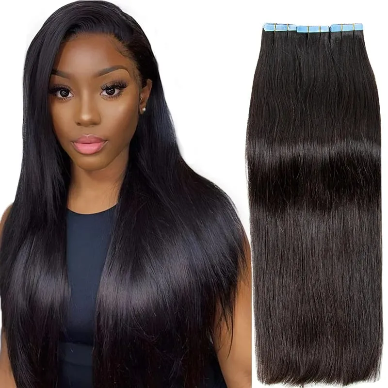 MRS HAIR Silky Straight Tape in Human Hair Extensions Remy Skin Weft Tape Hair Extension 12-26 inch 20pcs/pack 1B Natural Black