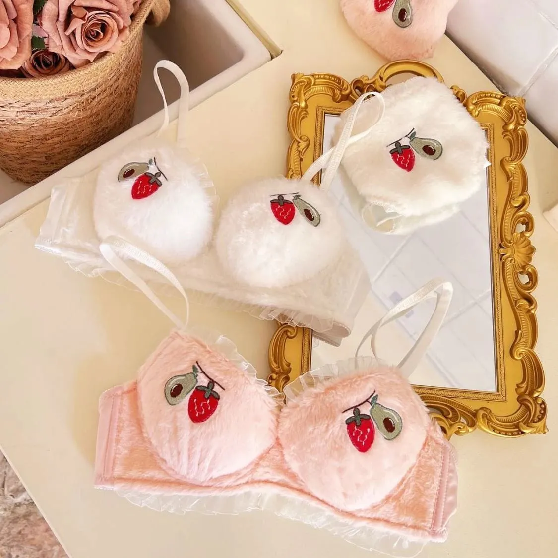 Cute Fruit Embroidery Lace Lingerie Sweet Bras Underpants Underwear Warm Two Piece Sets Sweet Plush Set Sexy Girlfriend Gift — image 4