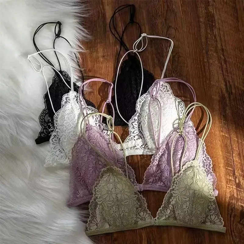 Bra Segitiga Tipis Berenda Seksi Gaya Perancis dengan Kancing Depan Pakaian Dalam Lingerie Nirkabel Cincin Tanpa Baja Wanita Bra Punggung Cantik