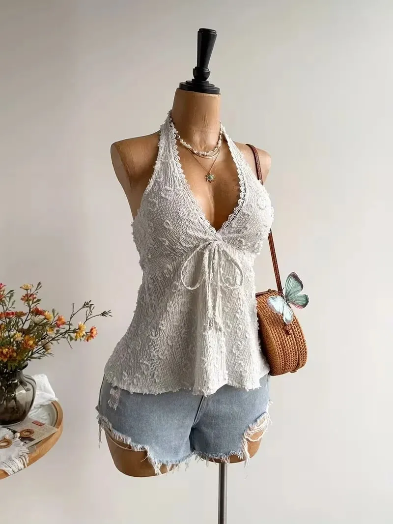 Ladies' Summer V-neck Lace Neck Strap Off Shoulder Leisure Vacation Easter Beach Wear Music Festival Top — image 5