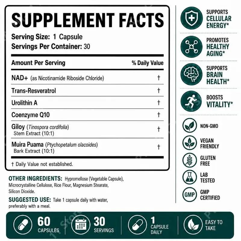 Docteat Liposomal NAD+ Capsules Energy & Healthy Aging Support with Urolithin A Trans Resveratrol CoQ10 Men Women 60 Capsules — image 2