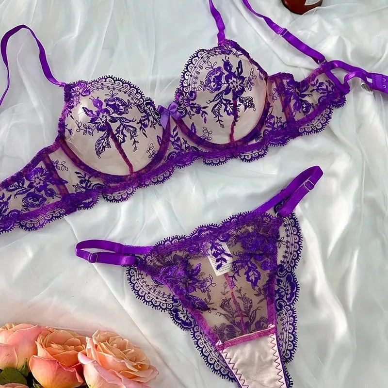 Conjunto Lencería Bordado Floral Transparente Aro Rejilla Copa Fina Sujetador Push Up Estilo Puro Deseo Ropa Interior Mujer S-XL — image 19