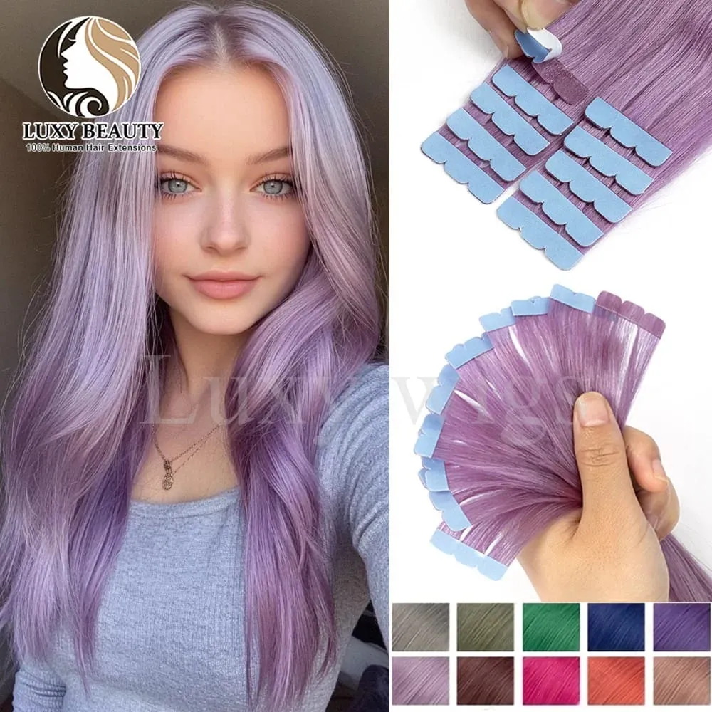 Colored Purple Mini Tape in Human Hair Extensions Invisible Seamless Tape in Hair 10pcs Pink Red Green Blue Mini Tape In Hair