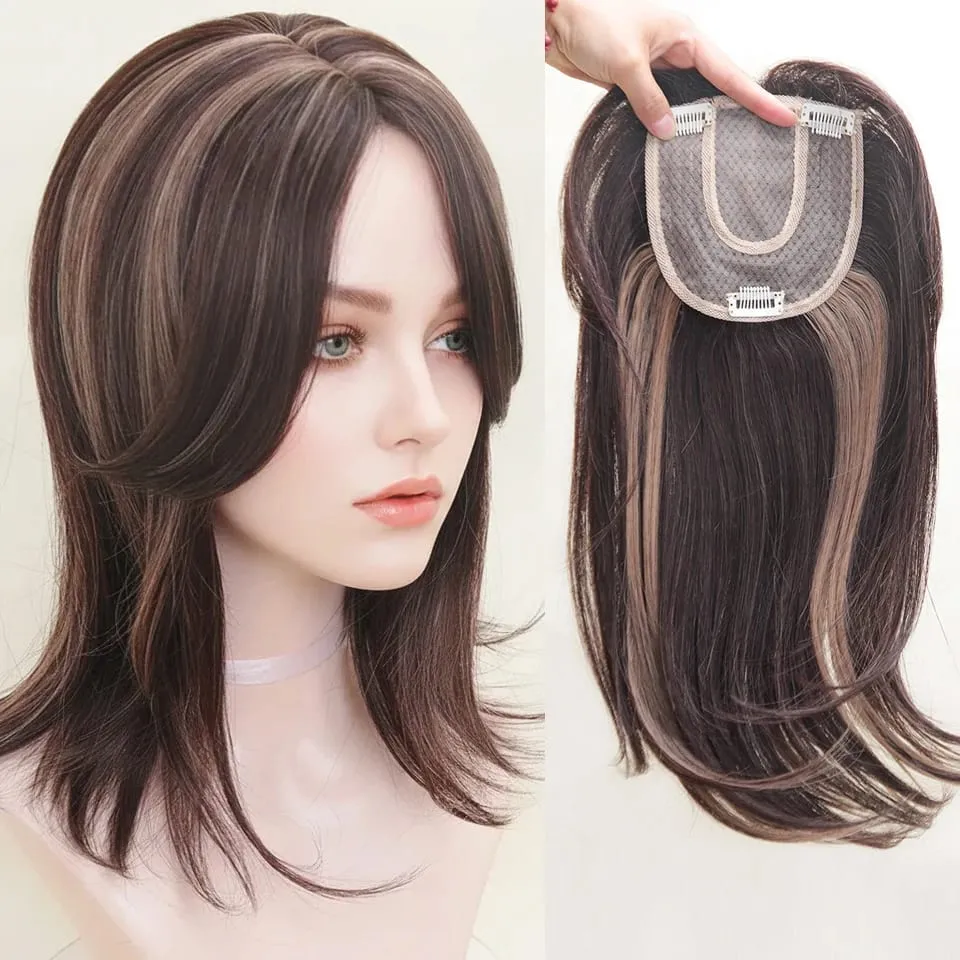 Synthetic Topper for Women Middle-Part Bangs Top Clip Topper Hair Extensions Cover Thinning Hair Grey Hair Increase Volume