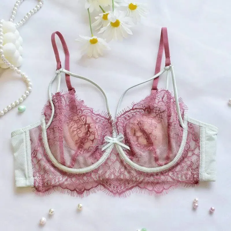 Korean Hot Trend Pure Desire Lace Bra Set Underwire Thin Cup Push Up Large Bust Visually Small Anti Droop Lingerie 32-38 Hot — image 8