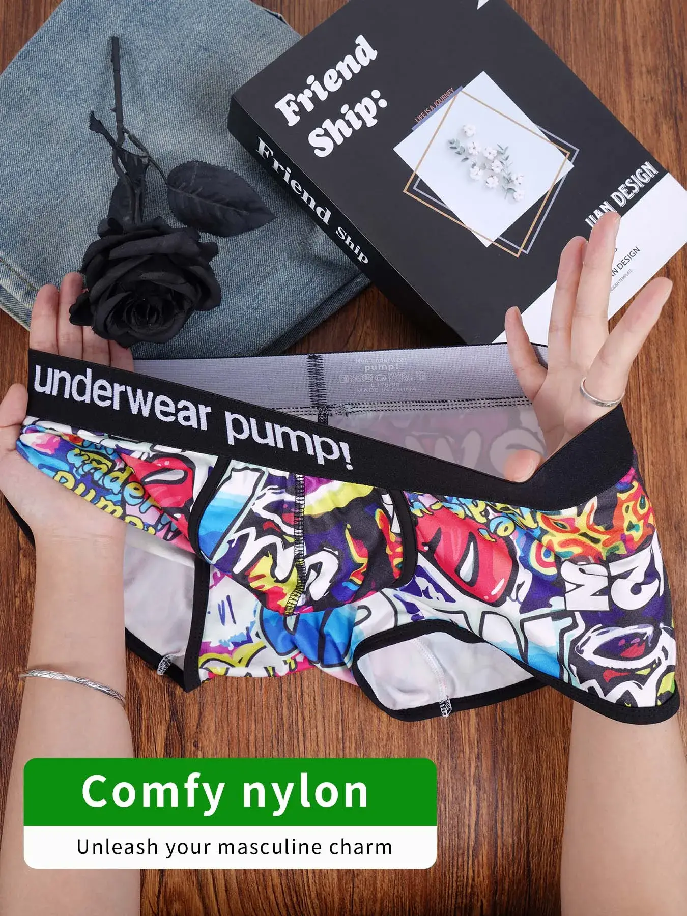 Cueca boxer masculina de mistura de algodão e nylon, cueca boxer com estampa graffiti, cintura elástica larga, não apertada, roupa íntima esportiva, 1 peça