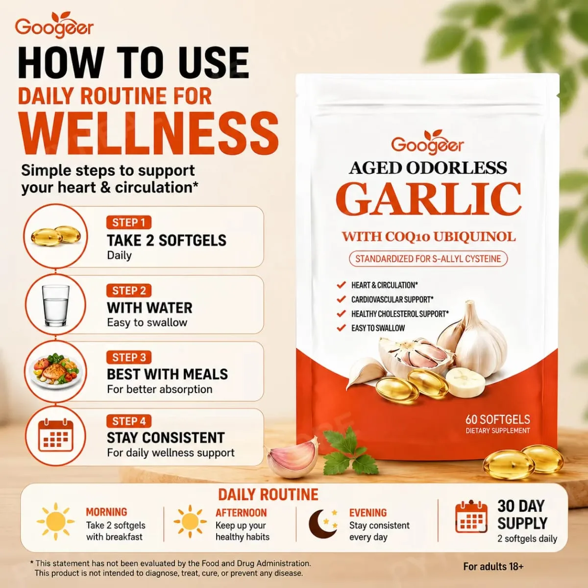 Googeer Aged Odorless Garlic Softgels with CoQ10 Ubiquinol Vitamin K2 MK-7 Heart Circulation Energy Immune Support 60 Count — image 5