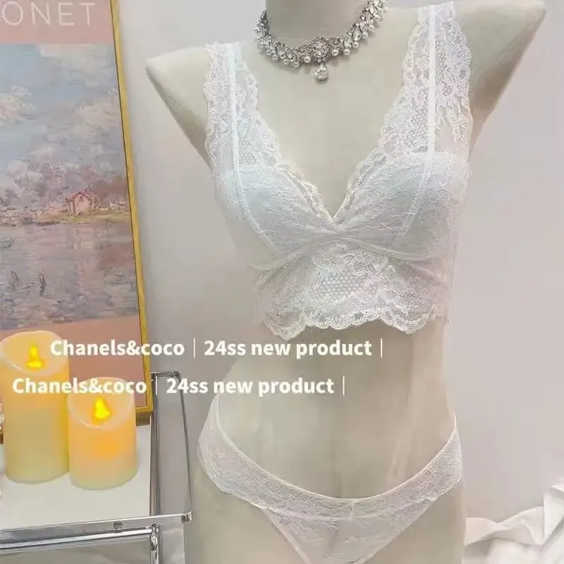 French Lace Lingerie Gathered Without Steel Rims White Inner Layer Layered Camisole Vest Bra Set Without Buttons Gather Toge — image 9