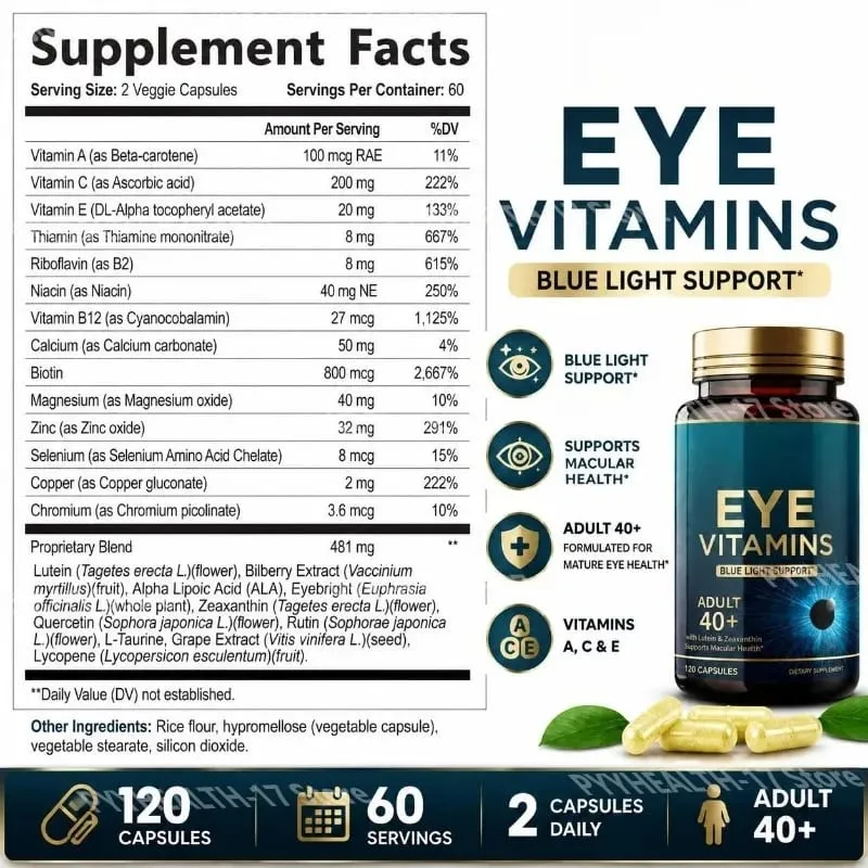 Eye Vitamins Capsules Blue Light Support with Lutein & Zeaxanthin for 40+ Macular Health Support for Men Women 120 Capsules
