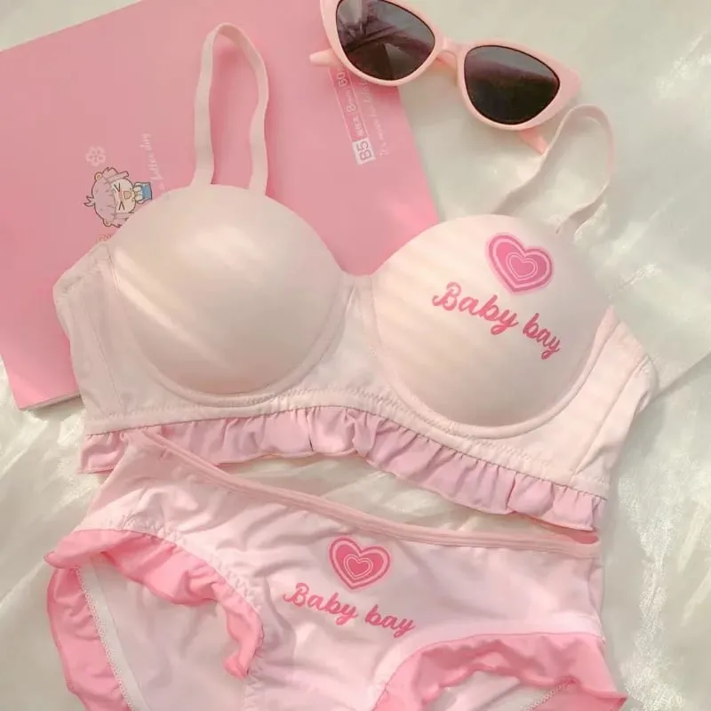 Lolita Inspired Lingerie Set for Small Chest Wireless Push Up Bralette to Enhance Curves Sweet Barbie Style Bra & Tushy Panty