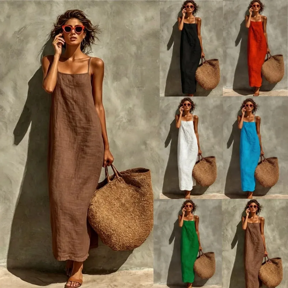 2026 Summer Women Cotton Linen Spaghetti Strap Maxi Dress Solid Color Loose Sleeveless Slip Long Dress Bohemian Beach Vacation S — image 2