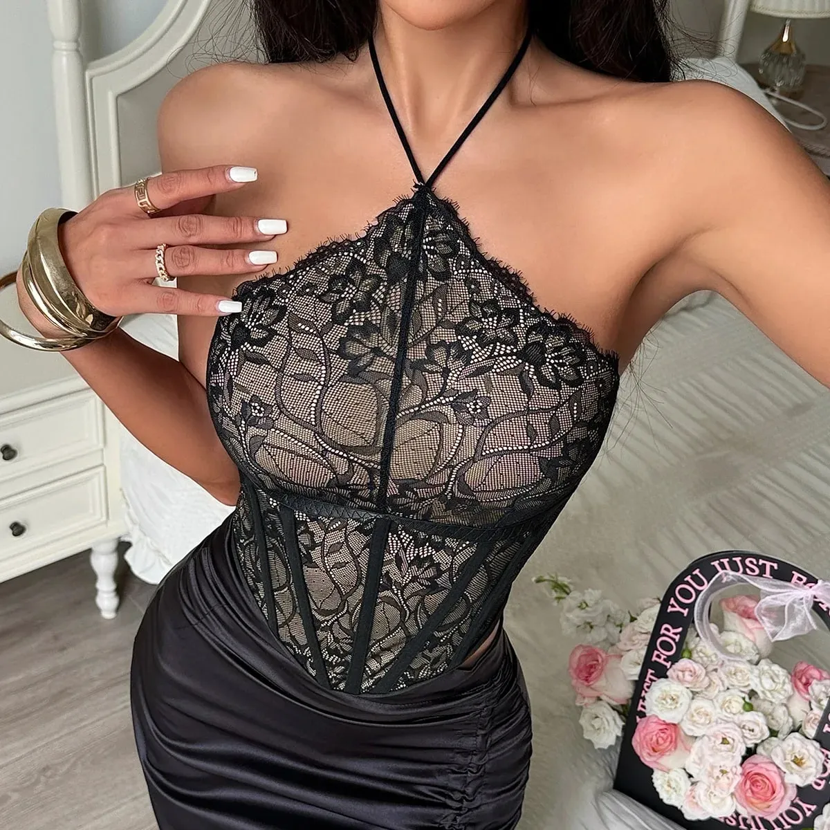 Halter Lace Sexy Corset Top Women Sleeveless Irregular Mesh Camisole Fashion Backless Floral Lace Beachwear Tank Top — image 7