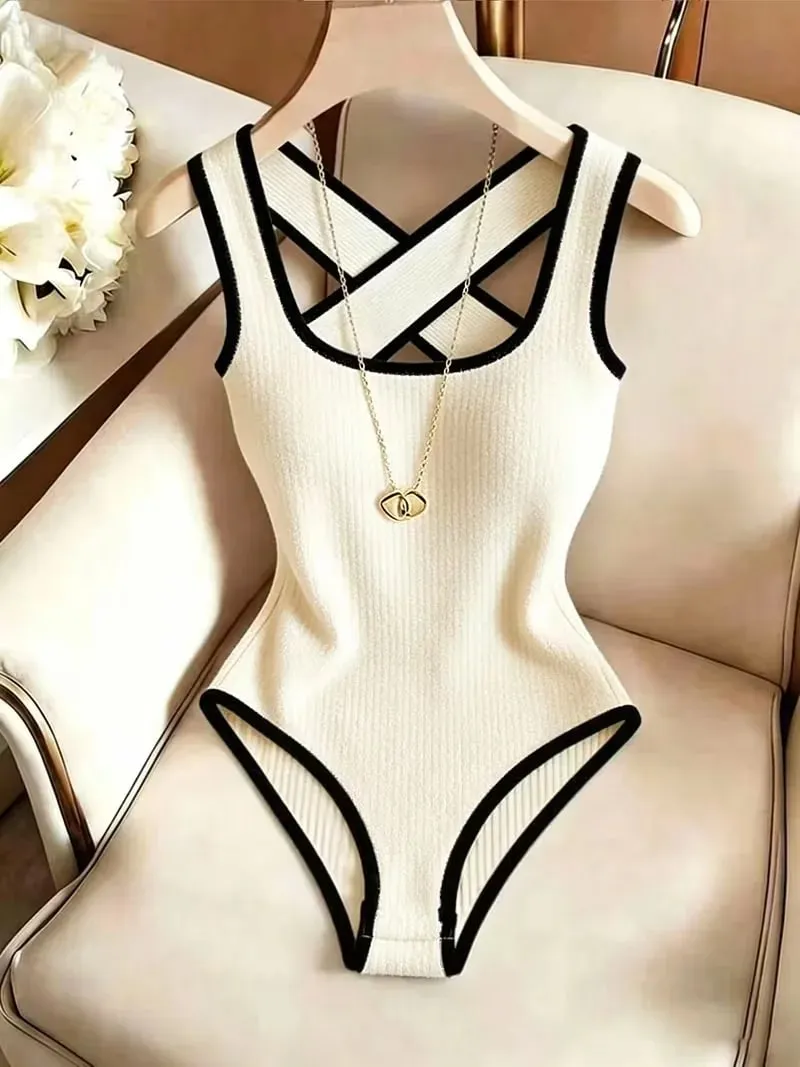 Women Ribbed Knit Bodysuit Sleeveless Tank Top Crisscross Back Black Contrast Trim Slim Stretch Casual Streetwear