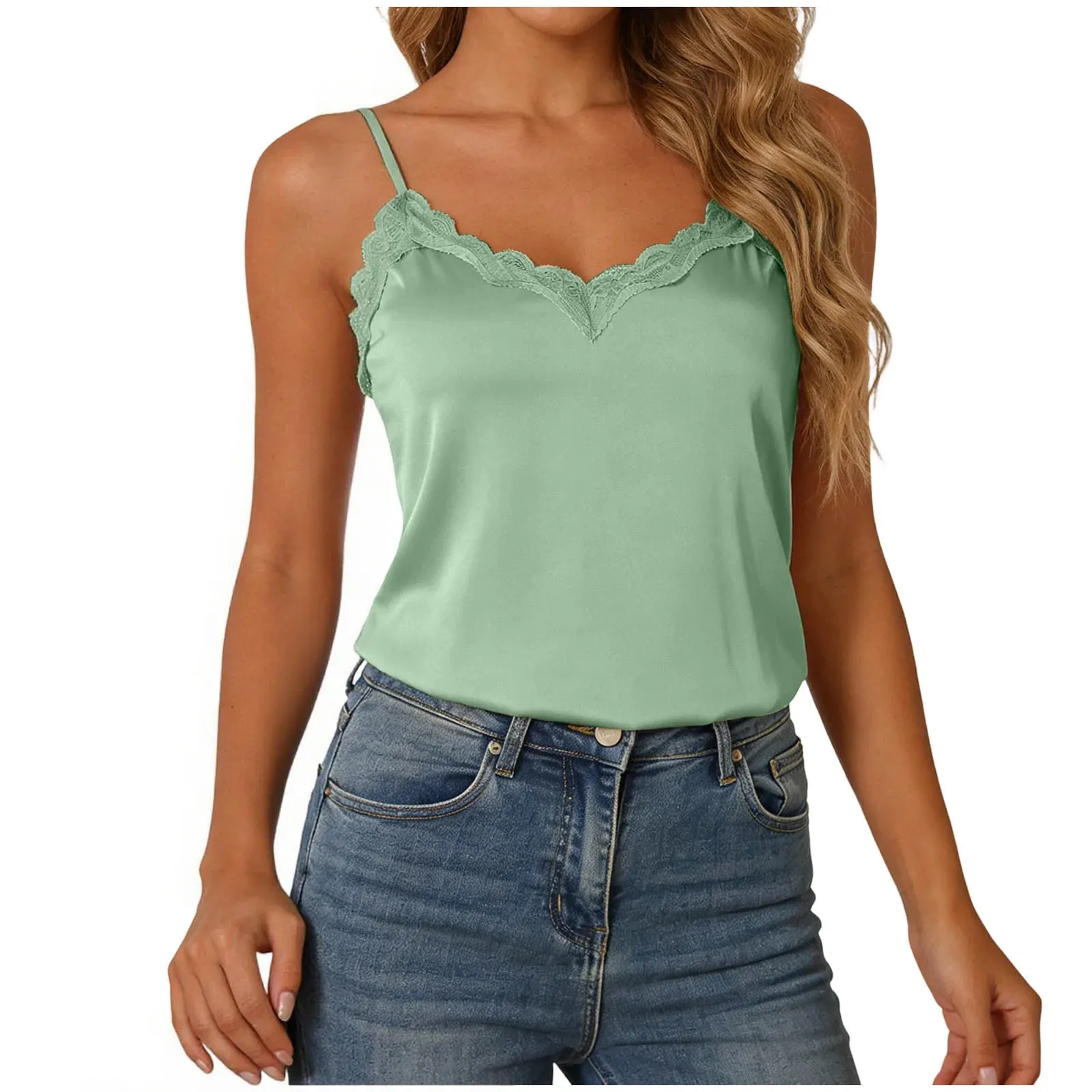 Summer Women Satin Tank Tops Lace Trim Patchwork Silky Comfortable Sleeveless Camis Elegant V-Neck Backless Solid Sexy Tops