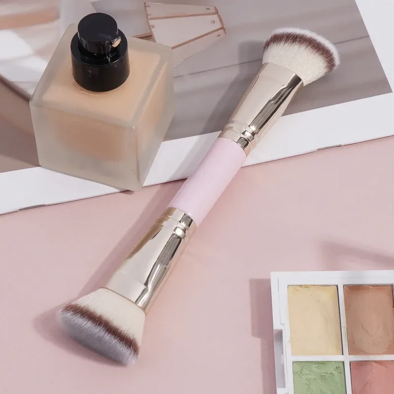 Double Head Makeup Brushes 2 In 1 Flat/Angled Foundation Concealer Contour Brush para sa Blending Loose Powder Liquid Cream