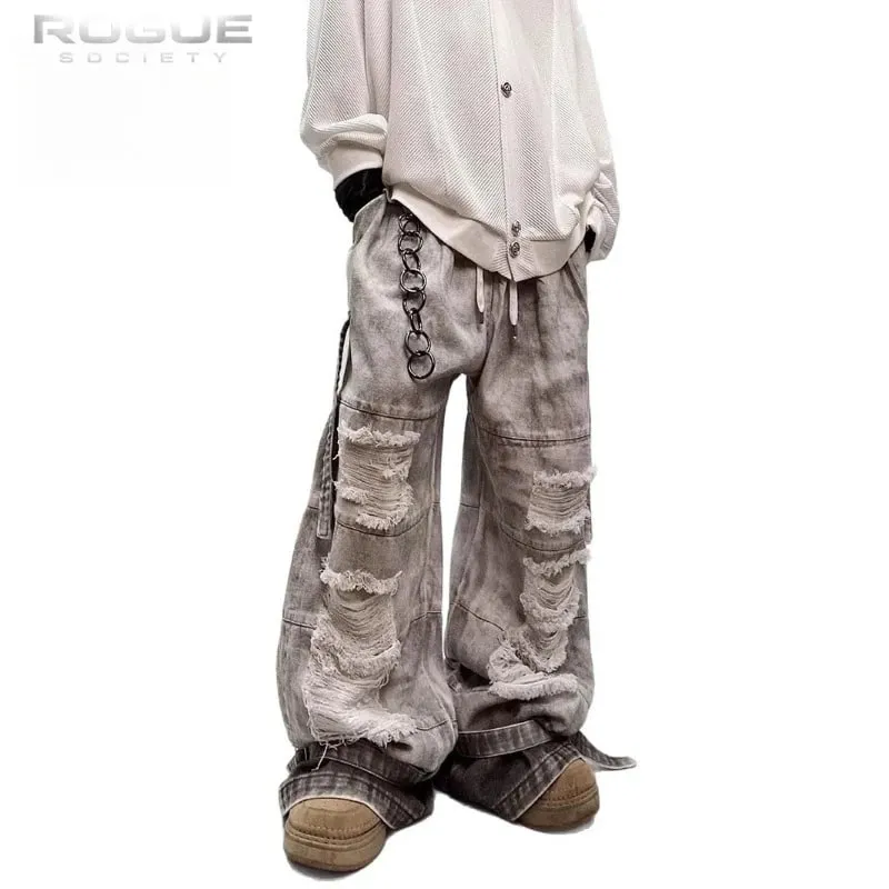 Y2K High Street Dyed Jeans Unisex Vintage Washed Distressed Wide Denim Pants Hip Hop Streetwear Grunge Punk Trousers Harajuku — image 5